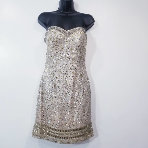 LARA Designs Rhinestones Jeweled Beads Embellished Champagne Mini Dress - Picture 3 of 15